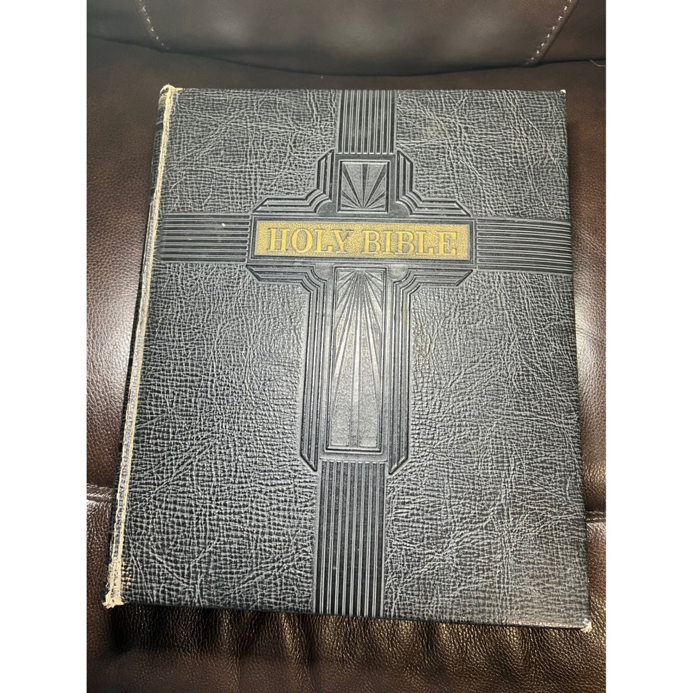 VTG Large Holy Bible Original Tongues Family Embossed Art Deco Cross Gold Trim
